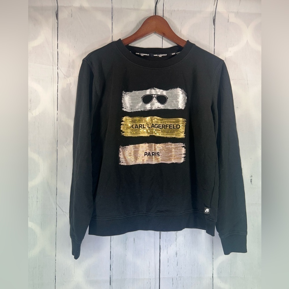 Karl Lagerfeld Paris Crew Neck Sweatshirt Womens Long Sleeve Sequin Black Top XS